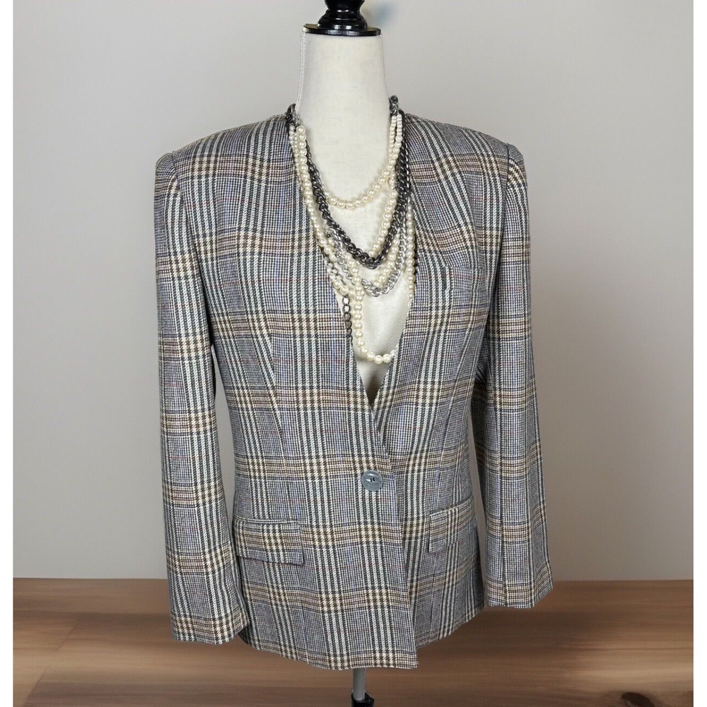 Vtg Gloria Vanderbilt Jacket 8 Plaid Collarless Blazer Fitted One Button Tweed